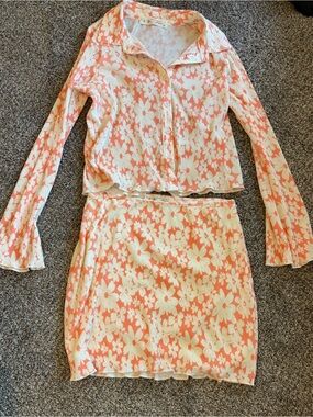 Lizard Thicket Floral Two-Piece Button Front Top & Skirt Set - Coral & Cream